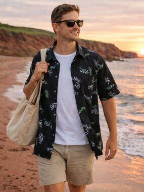 Touch Stone Black Button-Up Shirt – Abstract Surf Print – Short Sleeve – Size L